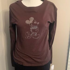 Disney XL Rhinestone Mickey Mouse Long Sleeve Shirt, Brown, P2P 18, Length 22.5”